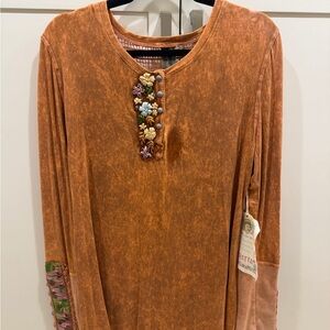 Aratta Women's Rust Long Sleeve Top with Floral Details